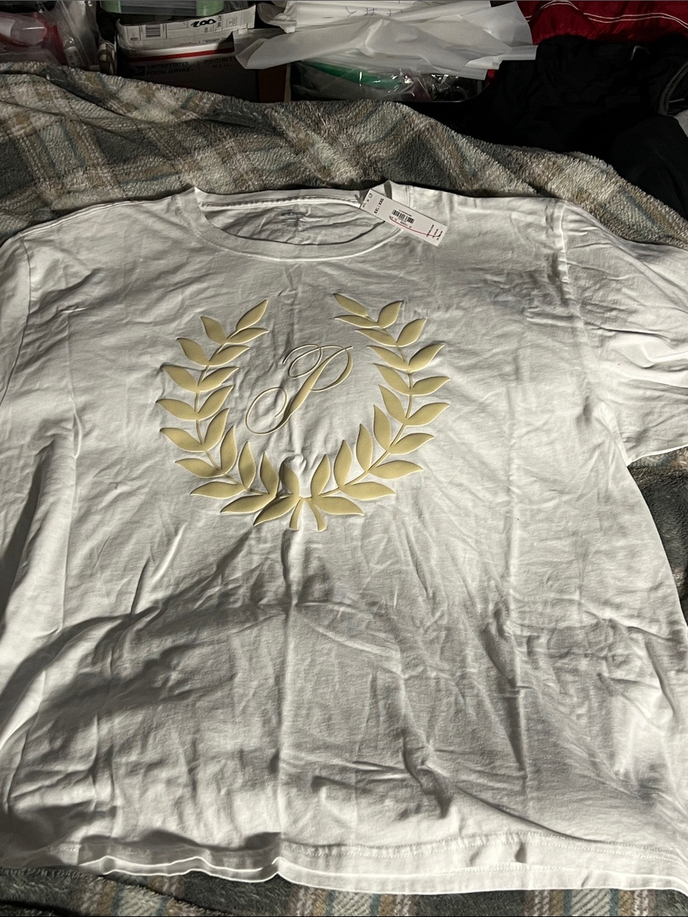 PINK Victoria's Secret White Short Sleeve Tee with Cream Laurel Emblem